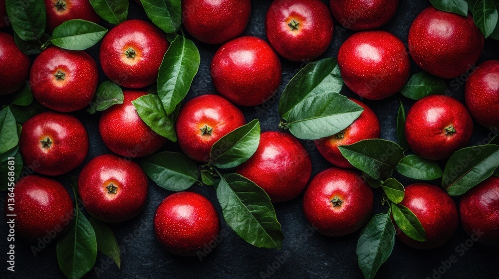 Vibrant red apples with glossy leaves arranged on a dark textured surface. Vibrant red apples with glossy leaves arranged on a dark textured surface.
