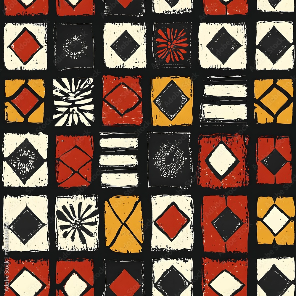 Fototapeta premium Rich African mudcloth features ornate geometric patterns in warm, rustic hues.