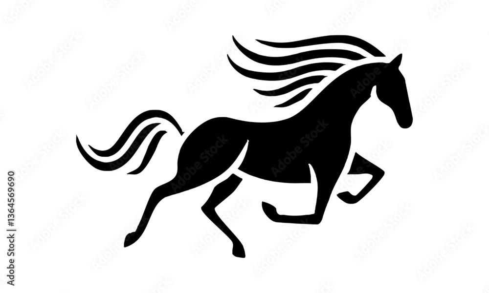 Black Silhouette of a Running Horse with Flowing Mane Black Silhouette of a Running Horse with Flowing Mane