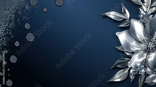 Navy blue background with glossy silver hole-textured stains on the left, blending into a smooth silver floral overlay on the right.