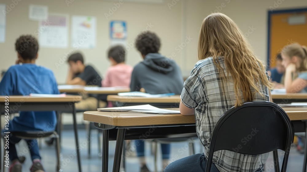Students engaged in an examination setting inside a classroom during the morning hours at a local school Students engaged in an examination setting inside a classroom during the morning hours at a local school