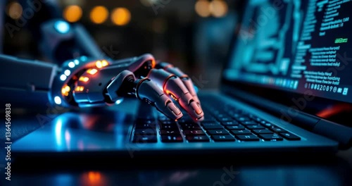 Close-up of the fingers of a humanoid robot typing on a laptop. Slow motion.