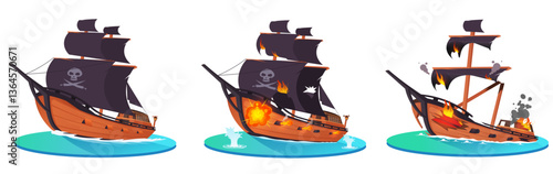 Set of three illustrations depicting a pirate ship sinking in stages, from damage to engulfed in flames, on a white background. Vector illustration