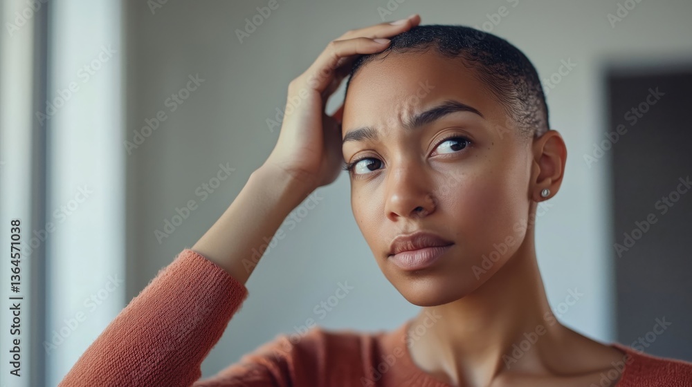 Fototapeta premium A woman after chemotherapy holds onto her hair, expressing strength and resilience.