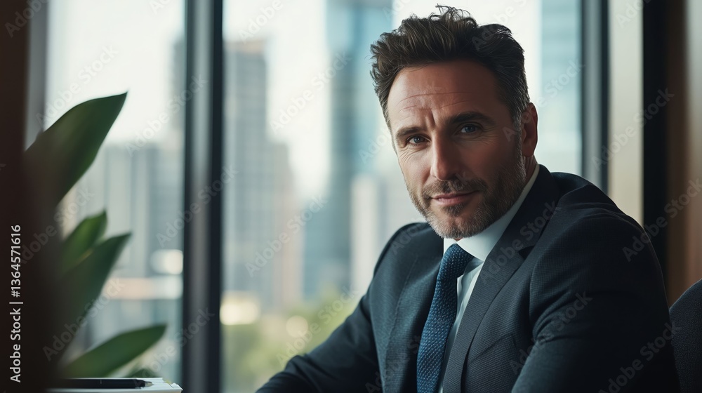 Fototapeta premium An adult businessman sits confidently in his office, dressed professionally, ready for work.