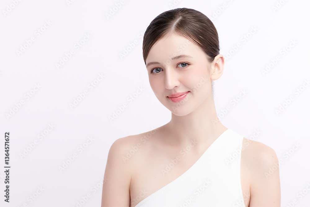 A beautiful young woman with clean, fresh skin against a white background. Skincare, facial treatment, cosmetology, beauty, and spa. An elegant portrait of an woman. A beautiful young woman with clean, fresh skin against a white background. Skincare, facial treatment, cosmetology, beauty, and spa. An elegant portrait of an woman.