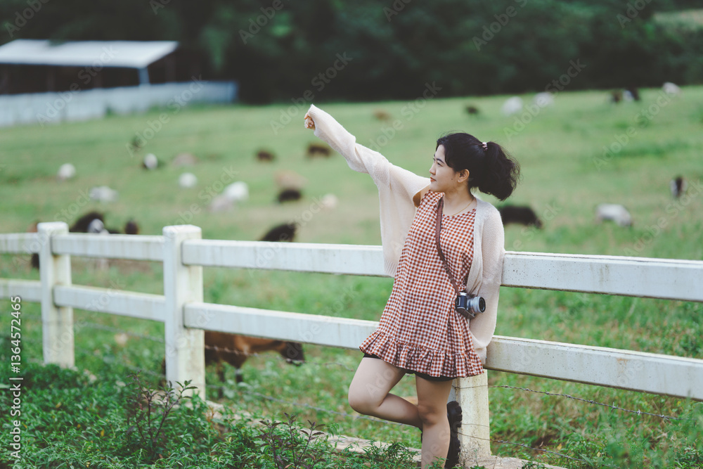 Naklejka premium A woman stands by a fence in a field, pointing towards grazing animals, capturing a moment of joy and connection with nature.