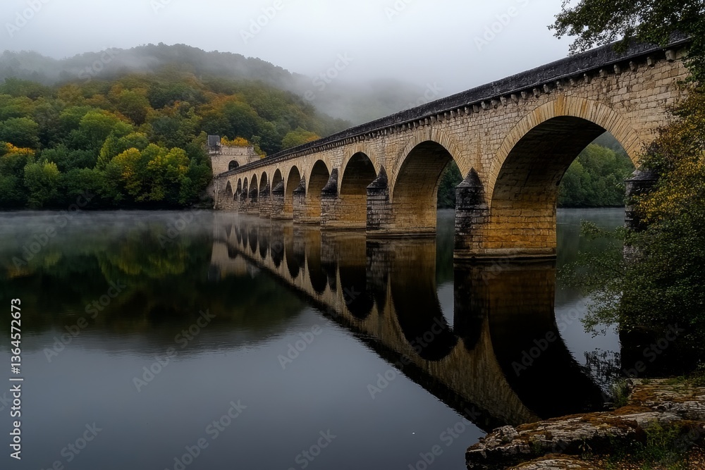 Fototapeta premium A misty morning view of the RhÃ´ne River, with soft light filtering through the ancient bridges
