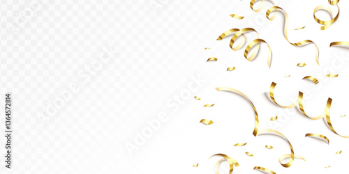 Golden confetti ribbons with curled shapes scattered on a transparent background. Festive and celebration concept. Vector illustration