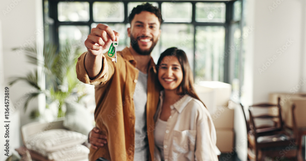 Fototapeta premium Hands, keys and couple with moving to new home for mortgage investment, property relocation and fresh start. Homeowner, happy people and support with dream house, achievement and real estate success