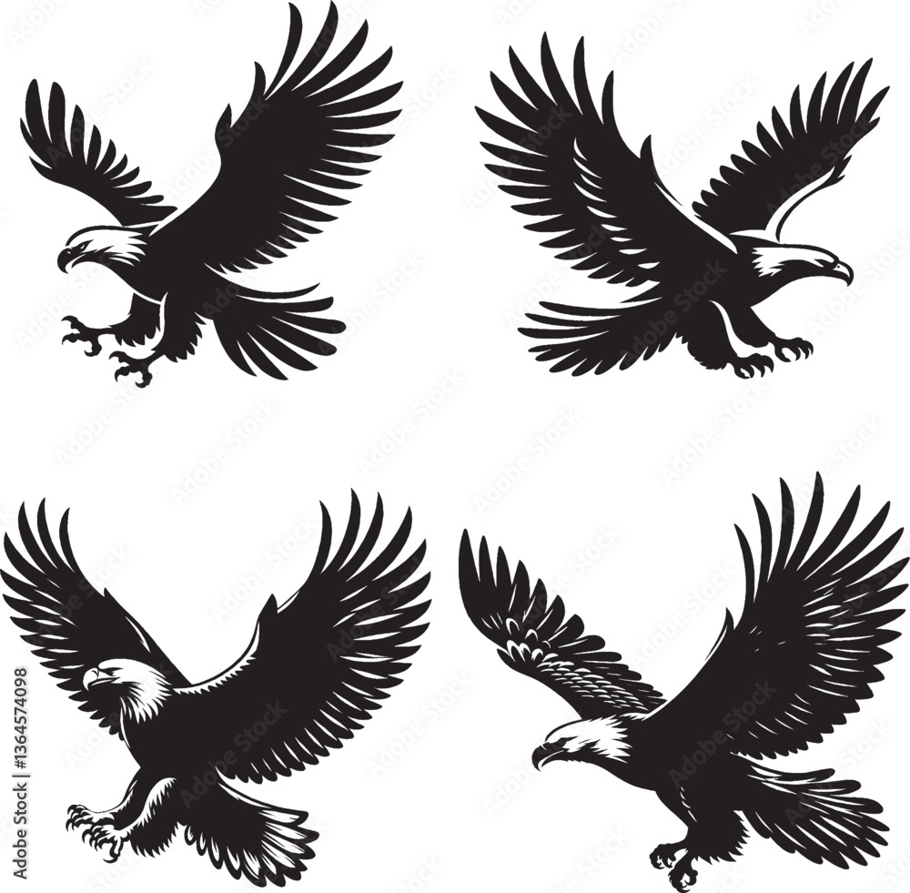 Fototapeta premium Flying Eagle Silhouette | Black and White Majestic Bird Illustration