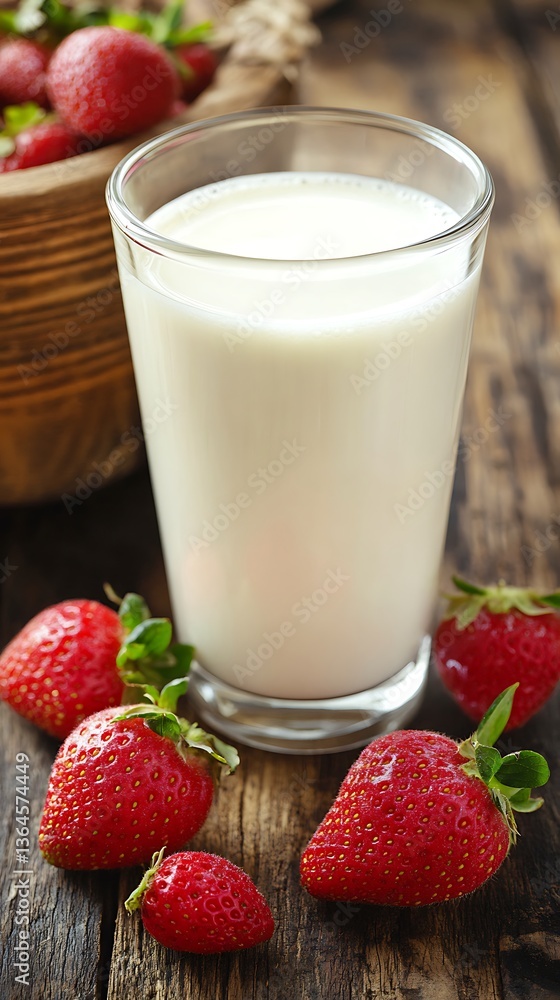 Fresh Strawberries Are Placed Near A Glass Of Milk For Consumption Fresh Strawberries Are Placed Near A Glass Of Milk For Consumption