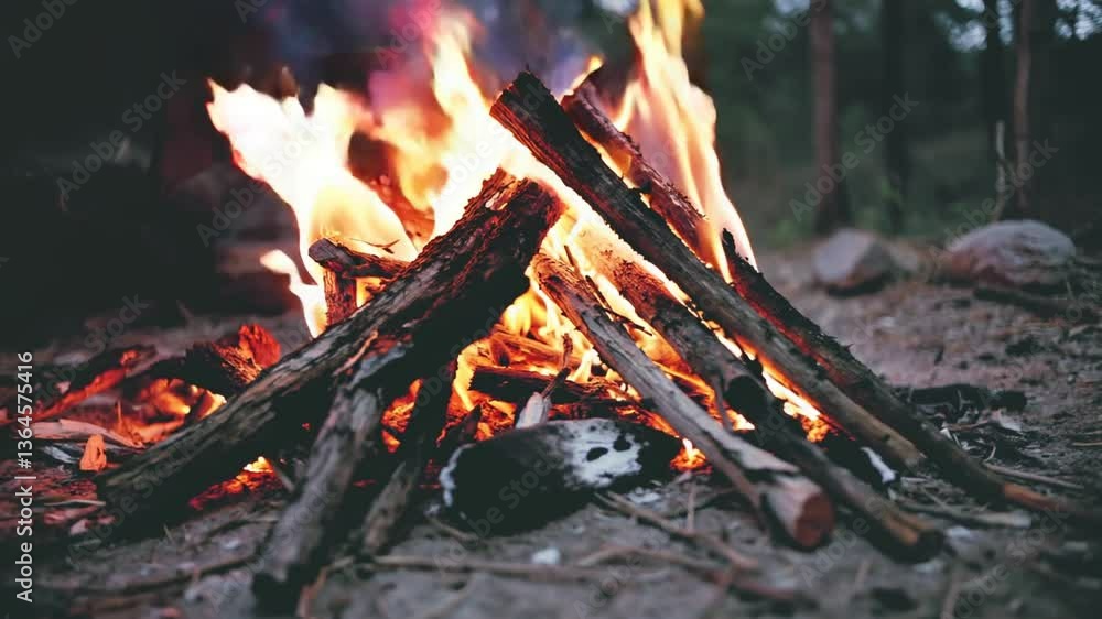 Campfire flames illuminating sticks in a forest setting Campfire flames illuminating sticks in a forest setting