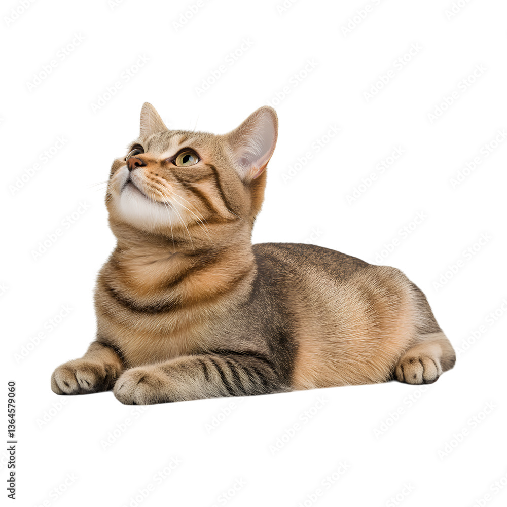 Fototapeta premium tabby cat lying down, looking up with curiosity and charm