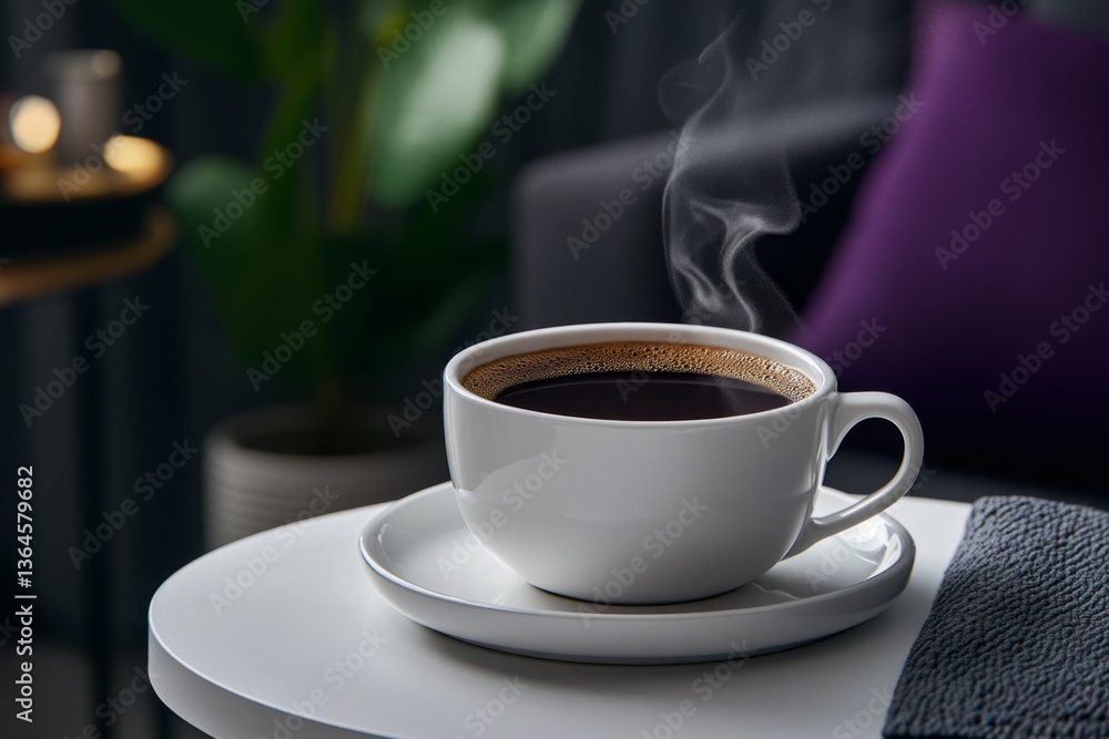 Fototapeta premium A sleek Viva Magenta coffee cup on a white tabletop, with a single steam curl rising elegantly