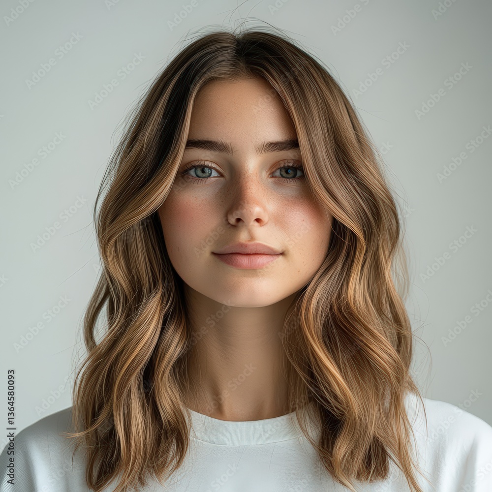 Fototapeta premium Young woman with long, wavy hair poses against a neutral background in a casual white sweater