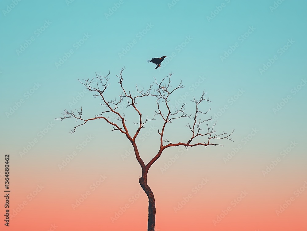 Lonely Bird with Bare Tree, and Sunset Sky. Lonely Bird with Bare Tree, and Sunset Sky.