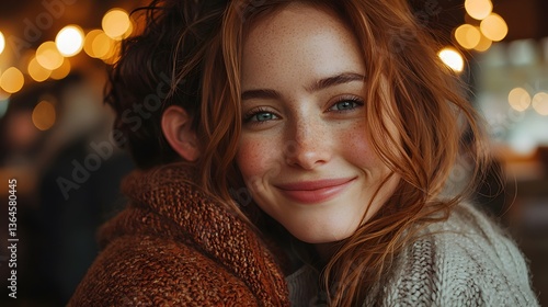 Wallpaper Mural Redhead woman smiles, cozy sweater, warm lights, cafe Torontodigital.ca