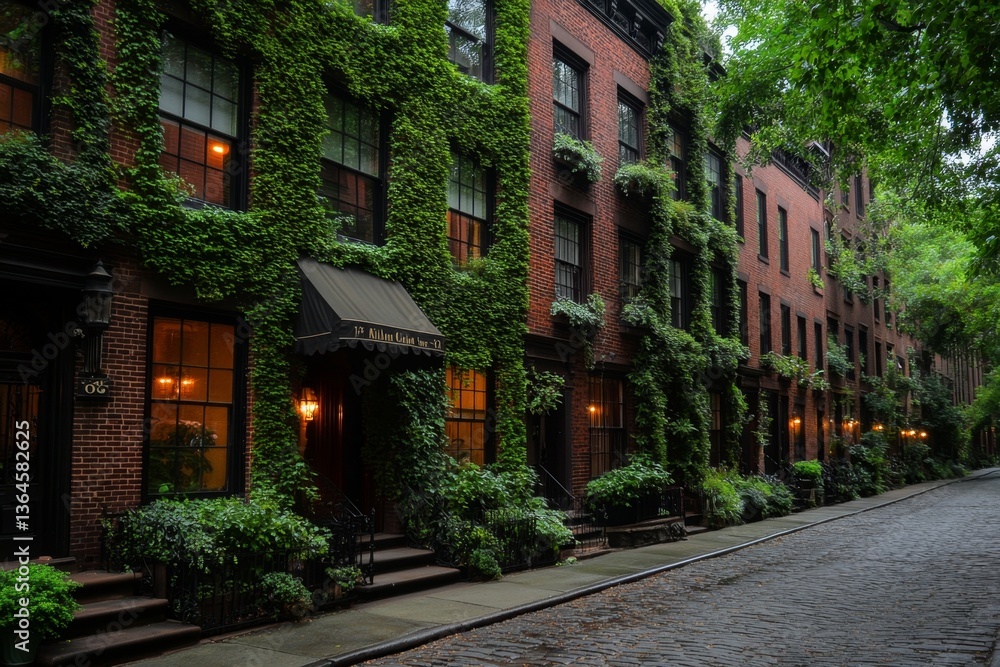 Fototapeta premium A traditional brick townhouse with an old-fashioned fabric awning over a bay window, covered in ivy