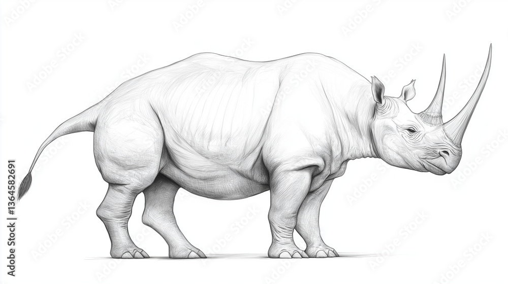 Obraz premium Prehistoric Rhino: Detailed grayscale illustration of a massive rhino, showcasing its textured skin and iconic horn, emphasizing its prehistoric essence.