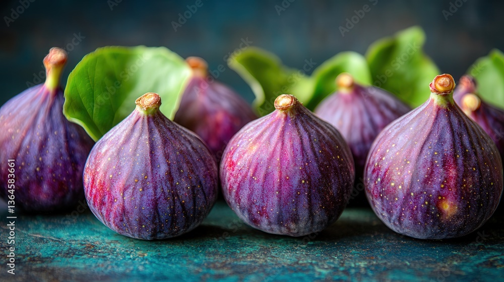 Obraz premium Vibrant figs with fresh green leaves against a textured background.