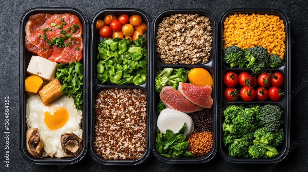Visually Appealing Healthy Meal Prep Bento Boxes with Lean Proteins Grains Vegetables Organized in Four Black Rectangular Containers for Nutrition Visually Appealing Healthy Meal Prep Bento Boxes with Lean Proteins Grains Vegetables Organized in Four Black Rectangular Containers for Nutrition