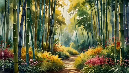 Bamboo forest and flowers watercolor style