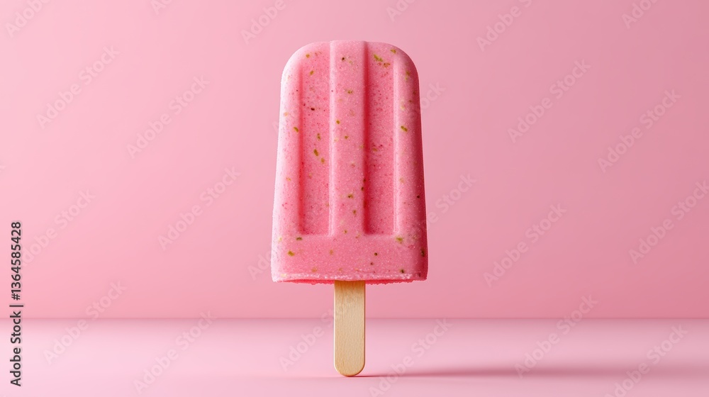Pink popsicle with gold flecks upright on pale pink surface against a matching pink background, creating a sweet and elegant dessert presentation. Pink popsicle with gold flecks upright on pale pink surface against a matching pink background, creating a sweet and elegant dessert presentation.