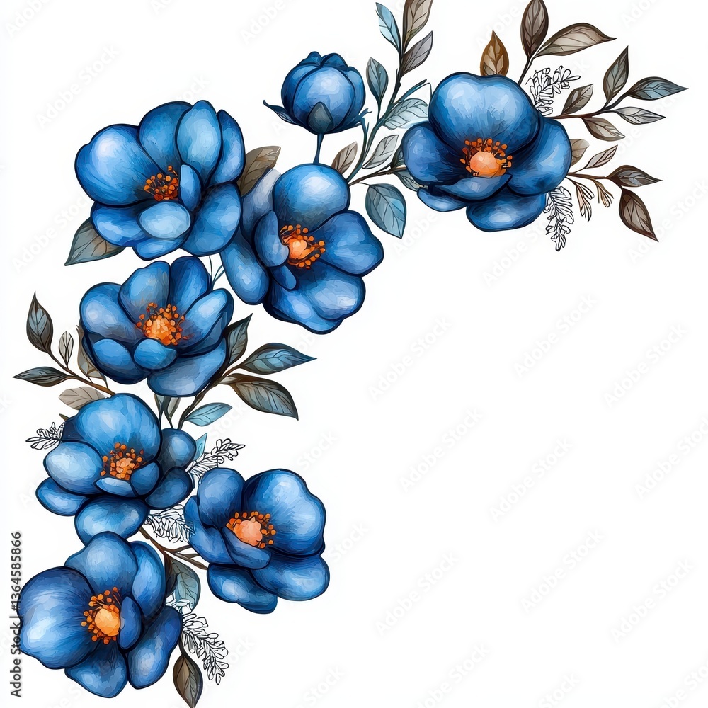 Fototapeta premium Watercolor Blue Floral Arrangement Corner Design Element
