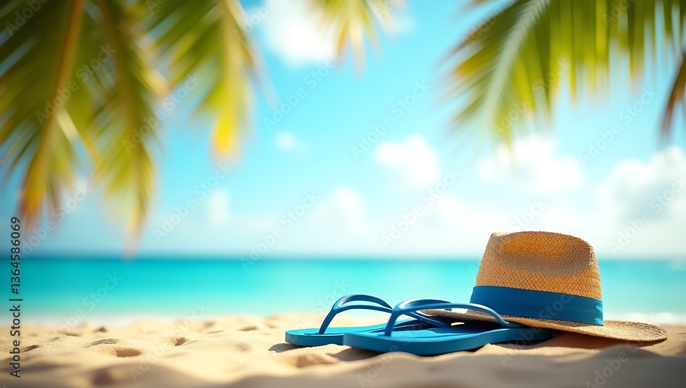 Obraz premium Tropical beach hat flip flops sunny escape