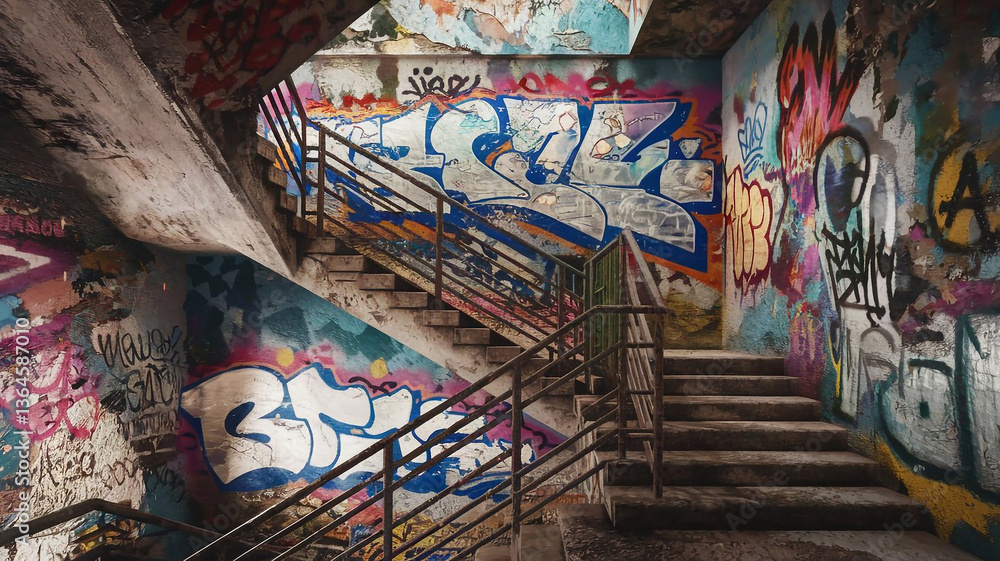 Fototapeta premium A stunning 3D rendering of a crumbling, graffiti-covered interior staircase with metal railings 