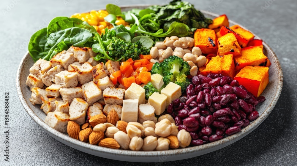 A Colorful and Nutritious Meal Display Featu Grilled Chicken, Roasted Butternut Squash, Almonds, Tofu, Beans, Broccoli, Carrots, Spinach, Corn A Colorful and Nutritious Meal Display Featu Grilled Chicken, Roasted Butternut Squash, Almonds, Tofu, Beans, Broccoli, Carrots, Spinach, Corn
