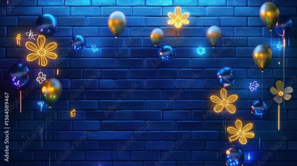 A deep blue neon brick wall with glowing golden flowers and floating neon balloons, casting soft colorful reflections. A futuristic urban celebration.