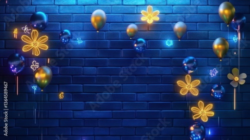 Obraz na płótnie A deep blue neon brick wall with glowing golden flowers and floating neon balloons, casting soft colorful reflections. A futuristic urban celebration. w salonie