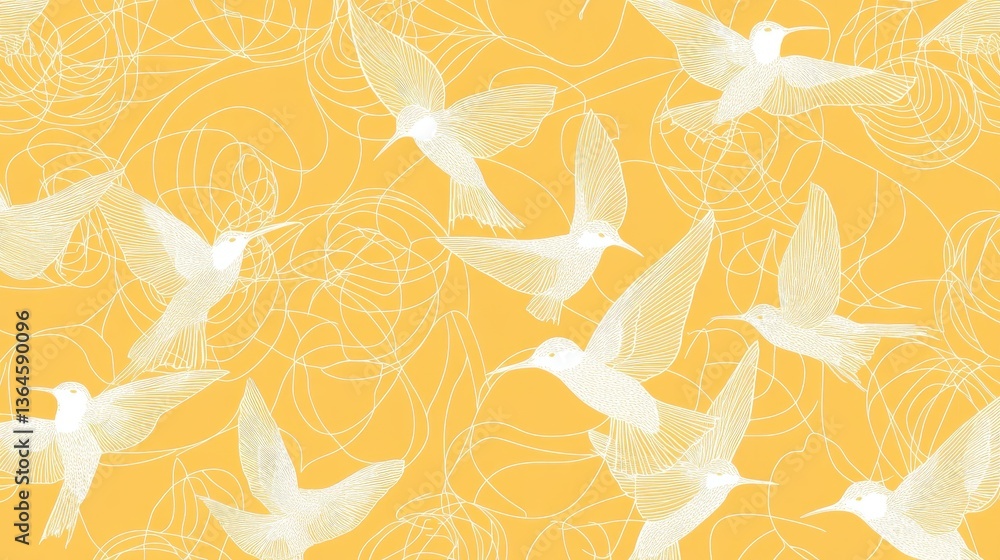 Fototapeta premium White Hummingbirds Abstract Pattern with Yellow Background.