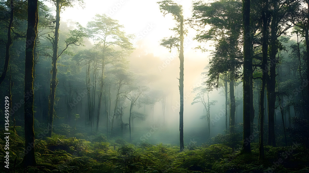 Obraz premium An atmospheric International Day of Forests setting with towering trees and wildlife against a misty morning forest backdrop, macro shot,&nbsp;