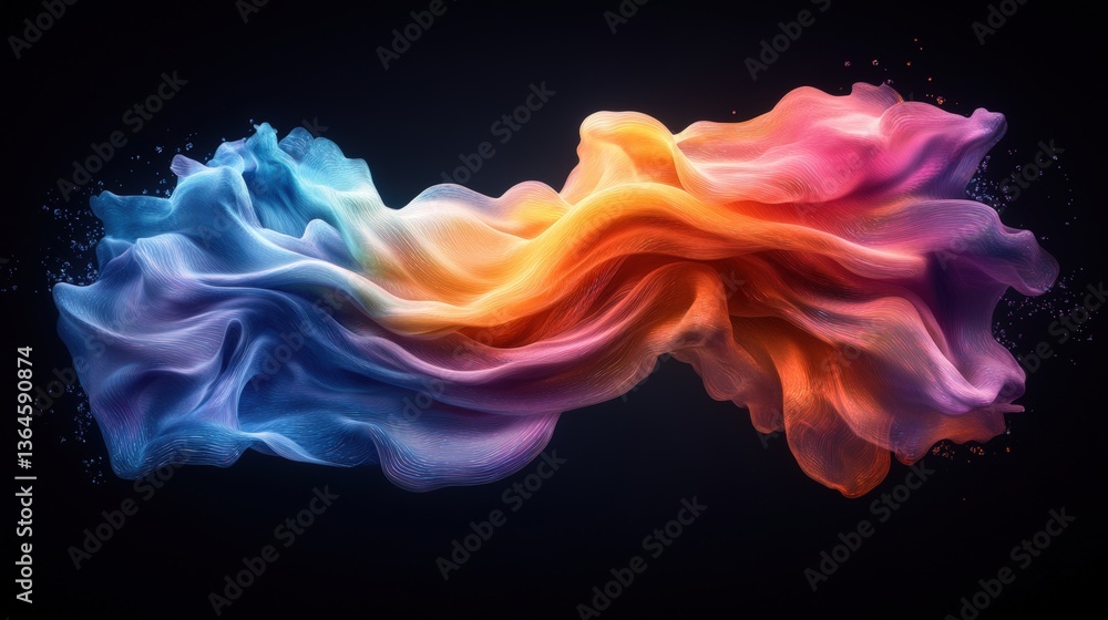 Obraz premium Abstract digital rende of flowing multicolored fabric liquid showcasing vibrant blues to warm reds against a striking black background in art style