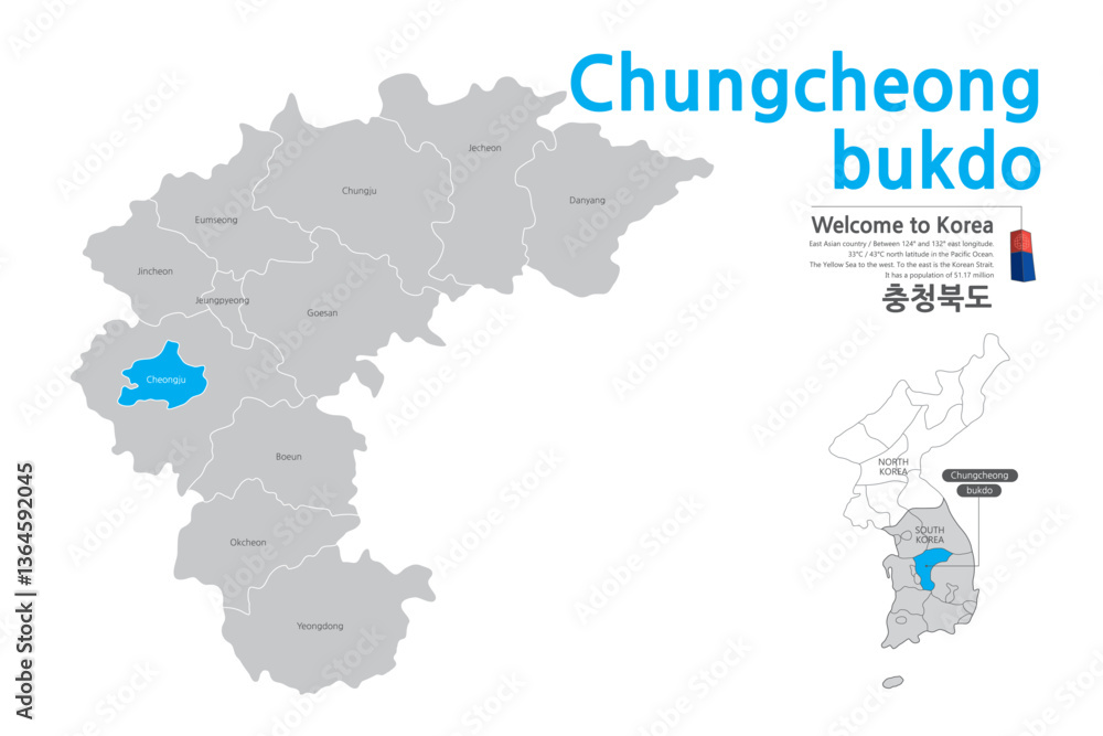 Fototapeta premium 4.Chungcheongbuk-do, map, map of Chungcheongbuk-do, map of Korea, map of Korea, Seoul, Korea, city, map,