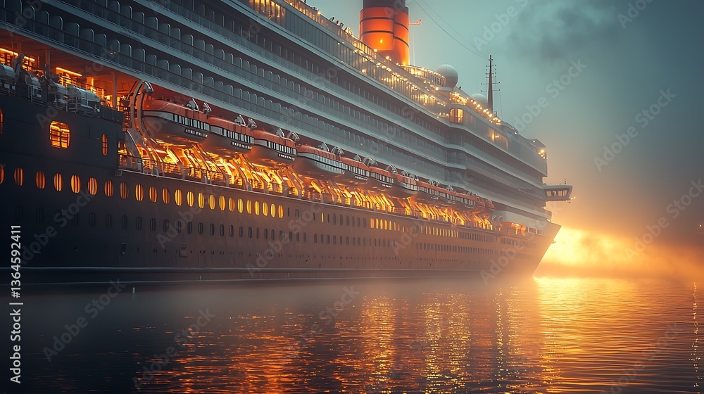 Fototapeta premium Majestic cruise ship at dawn, shrouded in mist