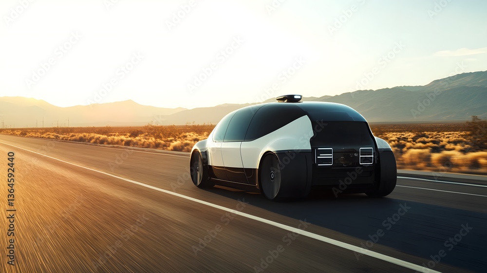 Self Driving Taxis Futuristic vehicle driving on an open highway with a sunset backdrop. Self Driving Taxis Futuristic vehicle driving on an open highway with a sunset backdrop.