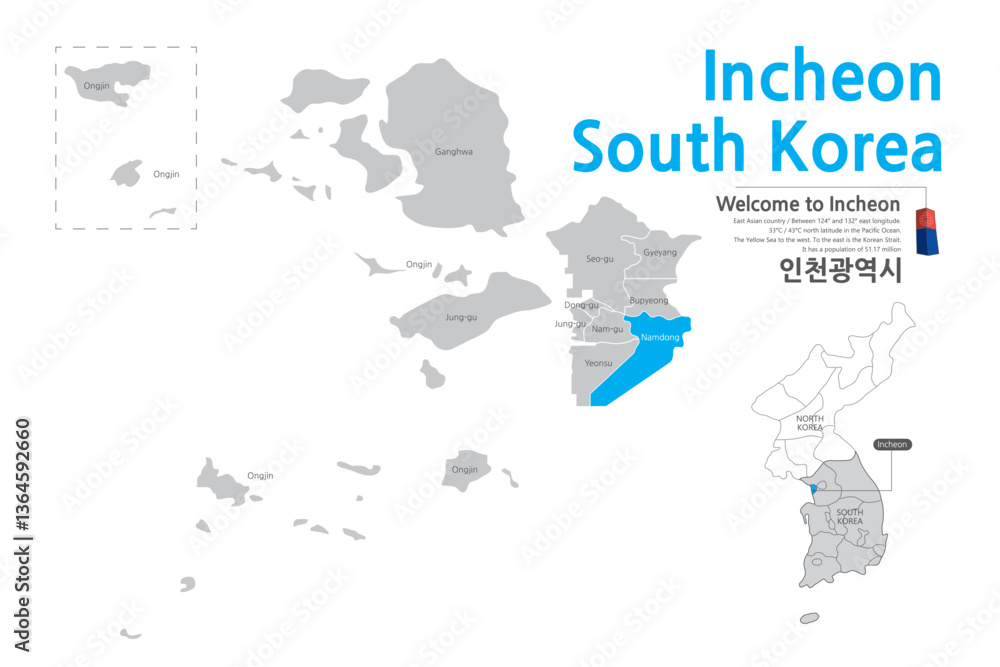 Naklejka premium 13.Incheon, Korea, Incheon Map, Seoul, Korea, Incheon city, map,