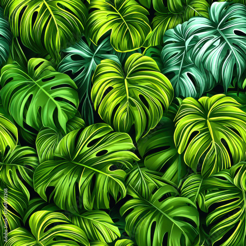 Lush green tropical monstera leaves seamless pattern with vibrant foliage