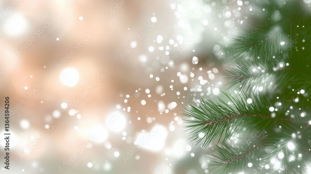 Snowy Evergreen Branch with Bokeh Lights