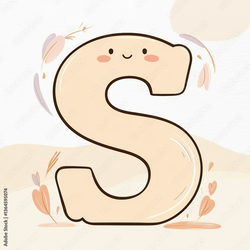 Obraz premium A whimsical hand-drawn clip artwork of an smiling face of a big letter S on a crisp white background, created in a vector style with bold lines, soft curves, and delicate textures. Pastel creamy card