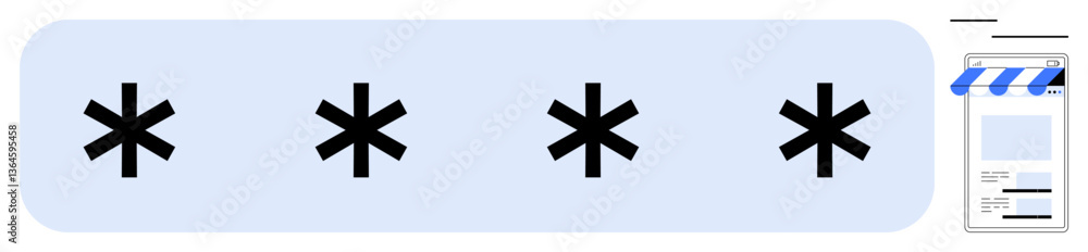 Four asterisks symbolize hidden password input, next to a small store icon with a receipt display. Ideal for security, privacy, e-commerce, login, authentication, online shopping, flat simple Four asterisks symbolize hidden password input, next to a small store icon with a receipt display. Ideal for security, privacy, e-commerce, login, authentication, online shopping, flat simple