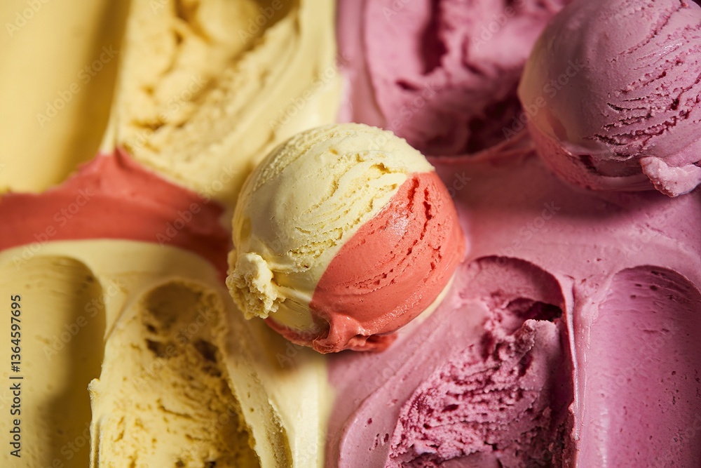 A photo of a close-up shot of various scoops of homemade ice cream A photo of a close-up shot of various scoops of homemade ice cream