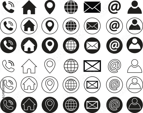 Business icons for company. Web flat, outline icons set. Phone, name, website, address, location and mail logos pack. Contact information vectors for business cards isolated on transparent background.