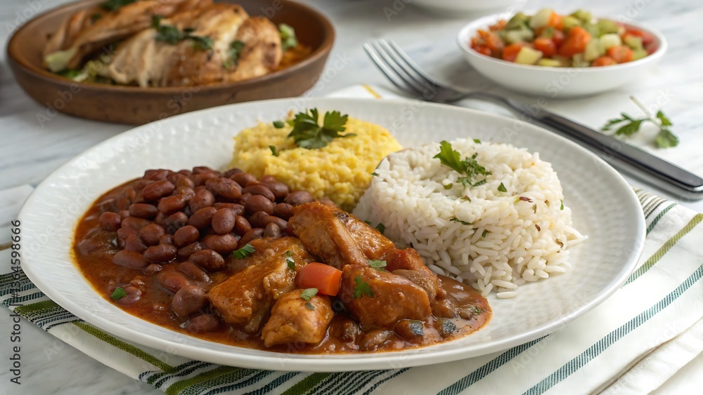 Rice, beans and stew with mofongo on a white plate – Arroz, habichuelas y guiso con mofongo en plato blanco Rice, beans and stew with mofongo on a white plate – Arroz, habichuelas y guiso con mofongo en plato blanco