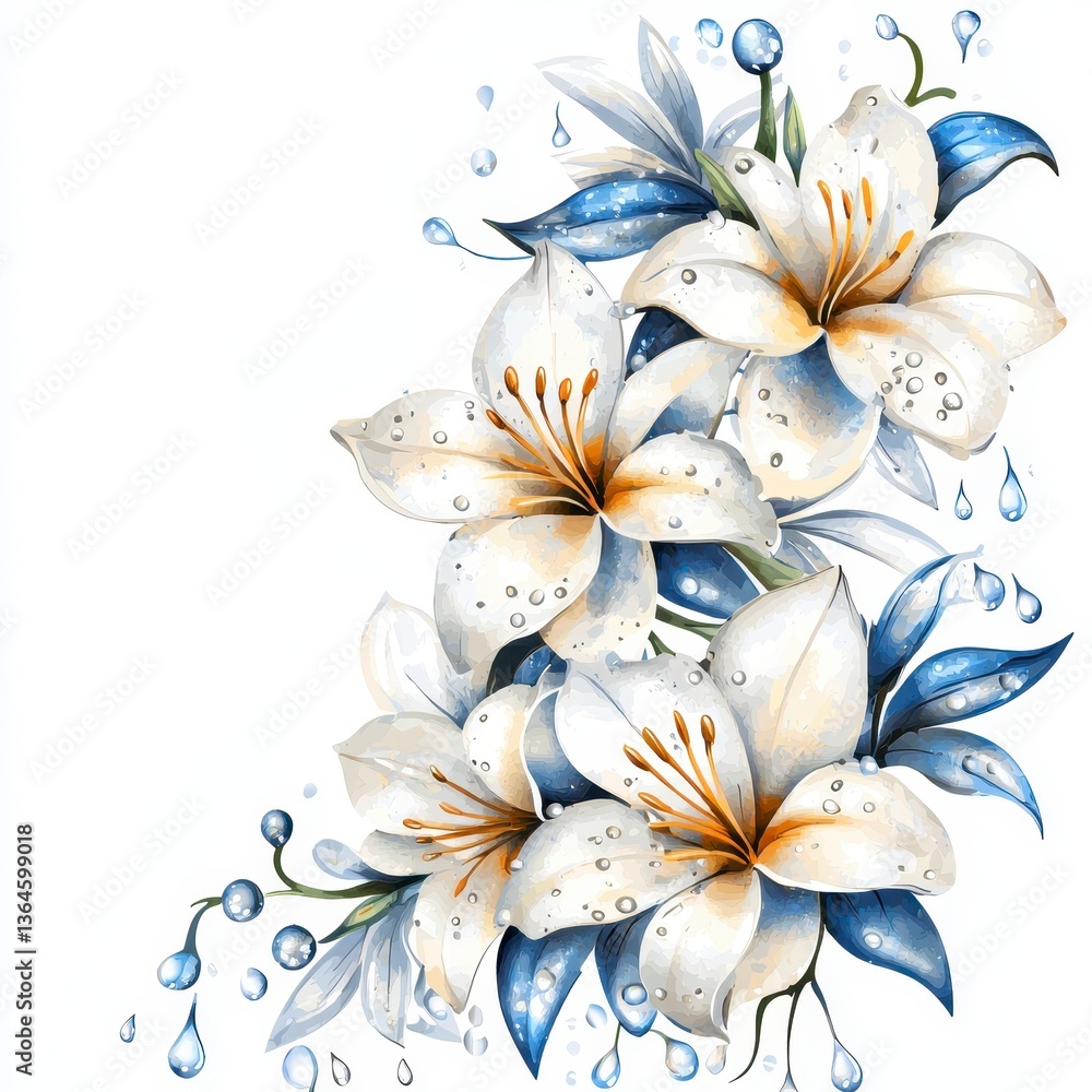 Fototapeta premium Elegant Watercolor Lilies with Dewdrops Corner Floral Arrangement