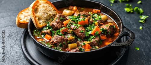 Hearty beef stew with rich carrots and potatoes served in a cast iron pot alongside crusty bread creating a warm and comforting meal for all diners